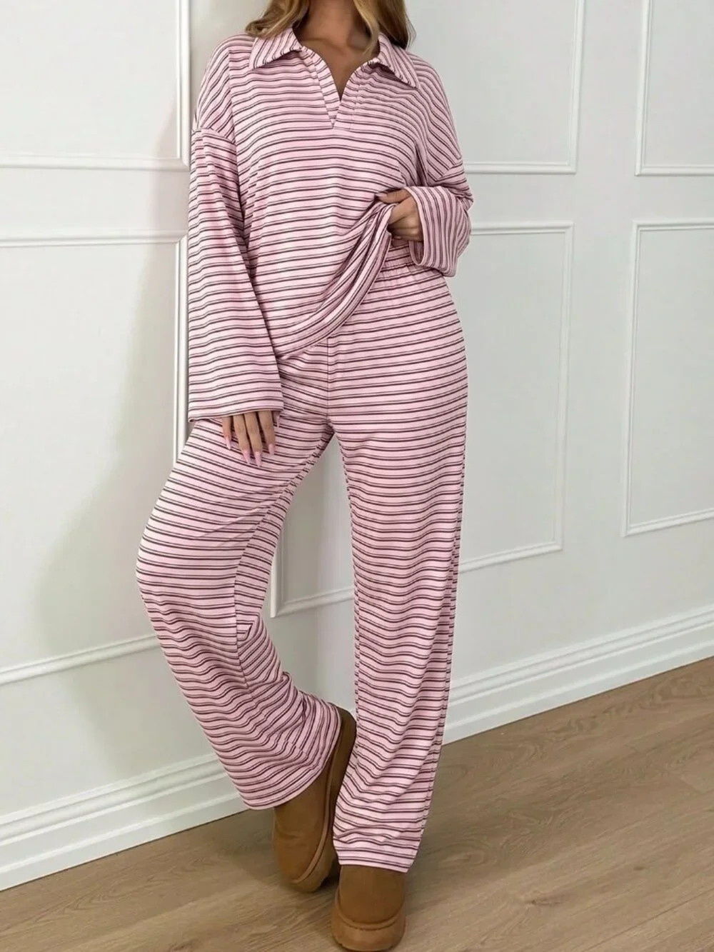 Pink Casual Women's Striped V-Neck Drop Shoulder Long Sleeve T-Shirt & Pants Set